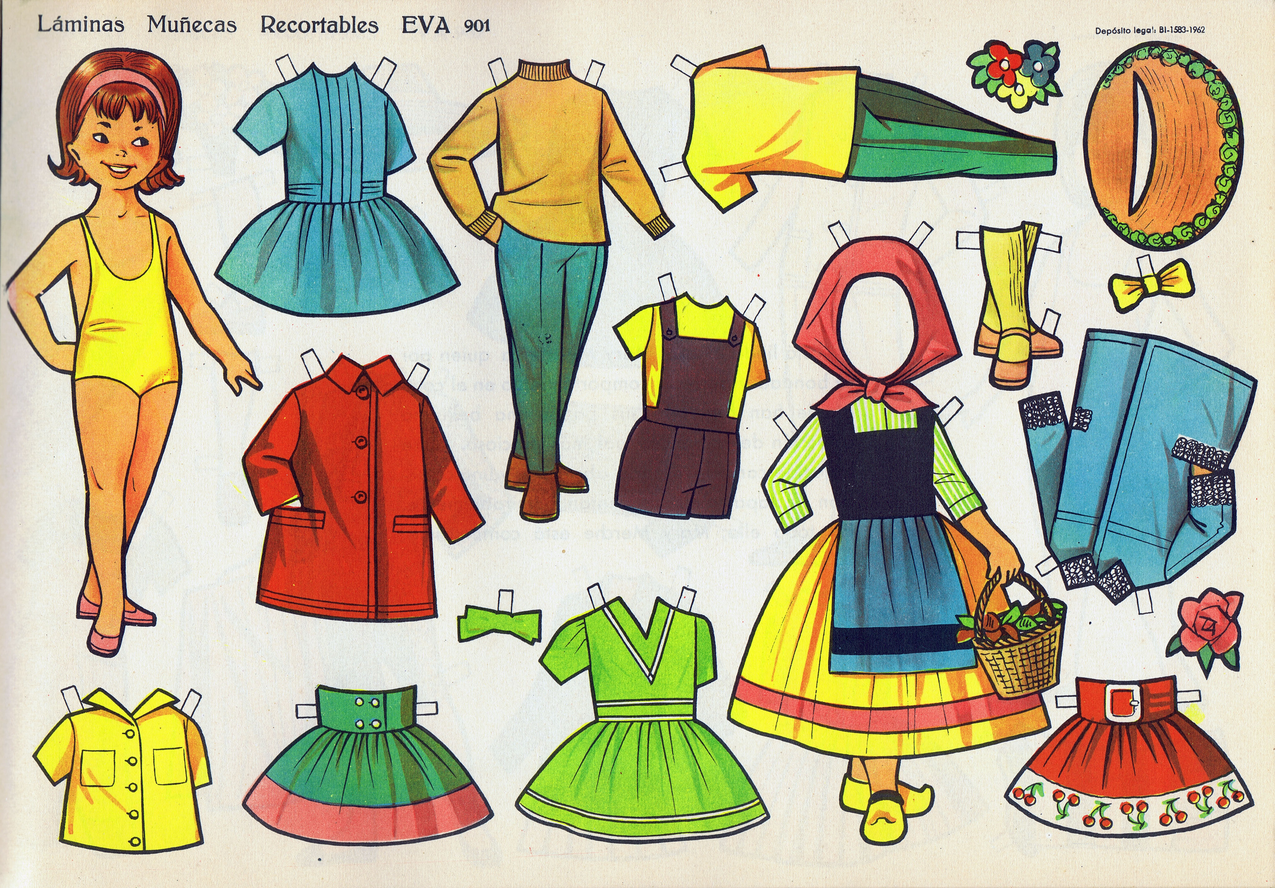 Serie completa de 10 antiguas láminas españolas de muñecas recortables  diferentes. Editorial EVA. Paper dolls.