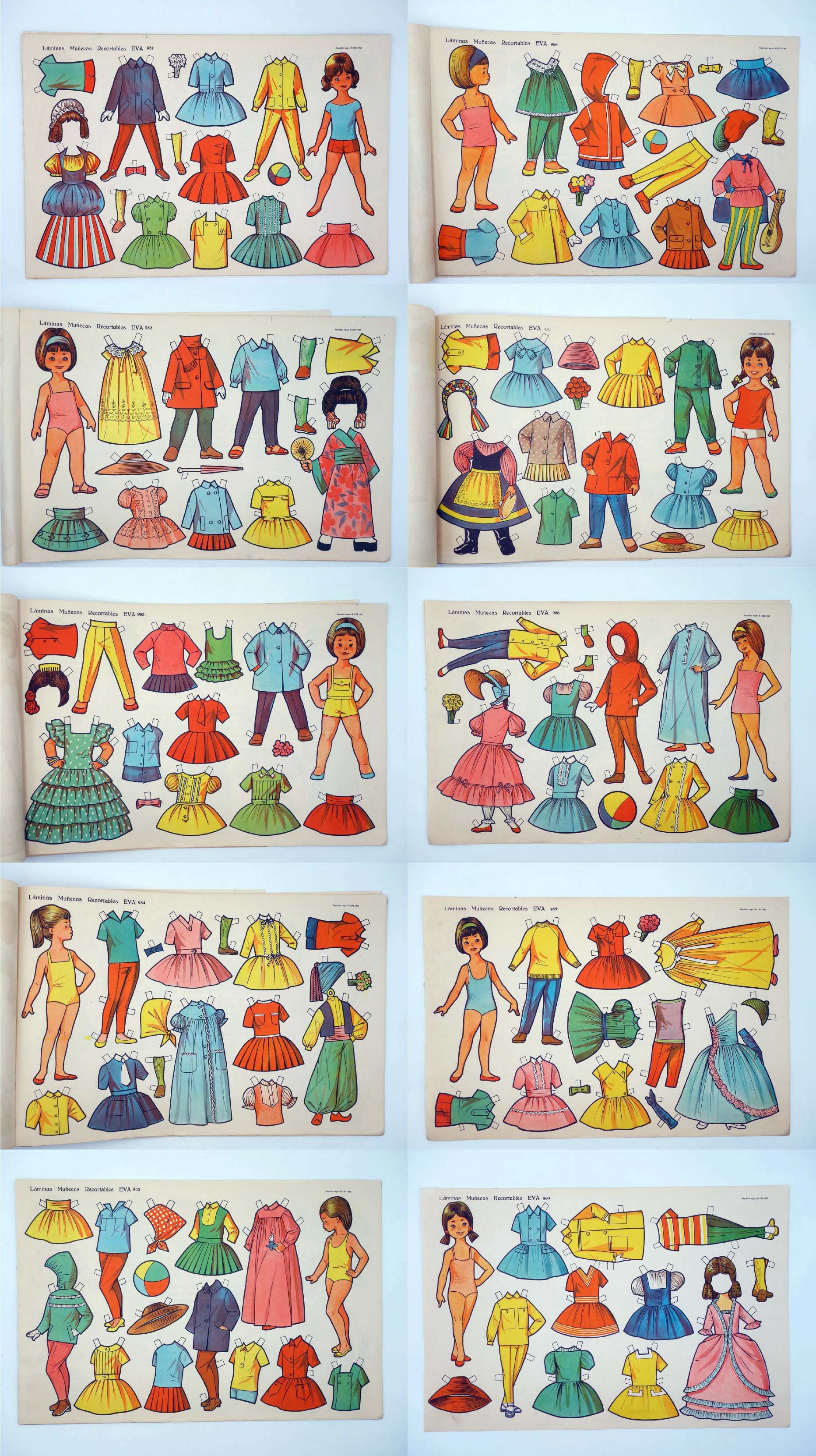 Serie completa de 8 antiguas láminas españolas de muñecas recortables  diferentes. Ed. Roma. Serie Diseño. Paper dolls.